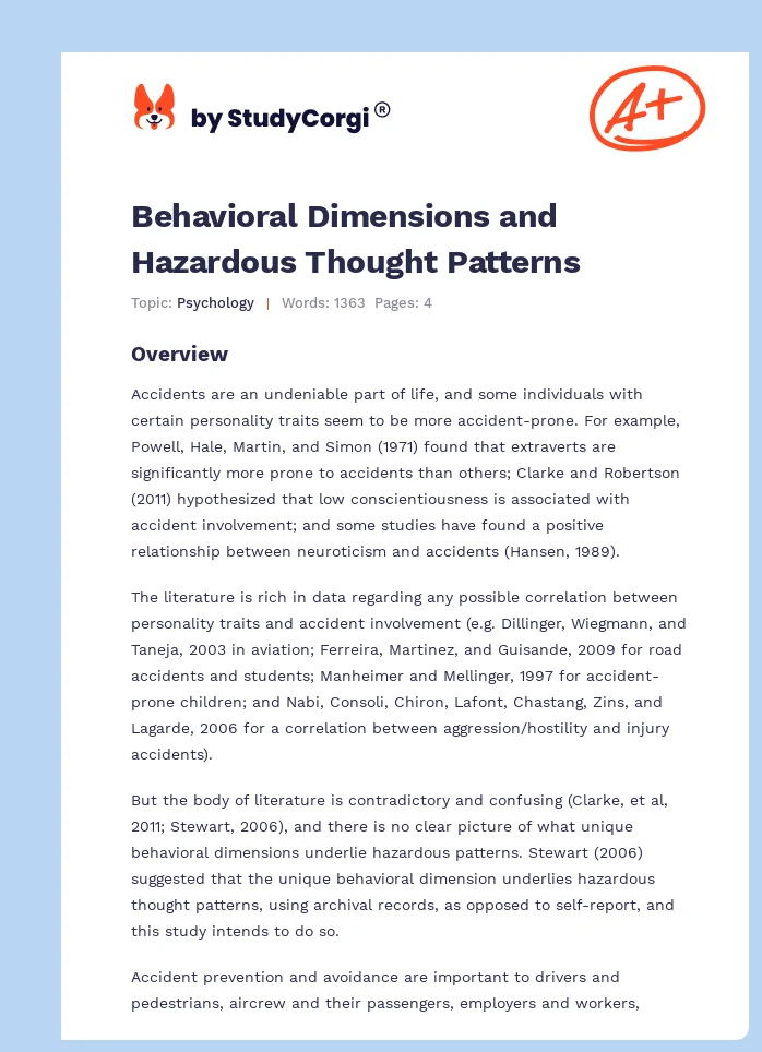 Behavioral Dimensions and Hazardous Thought Patterns. Page 1