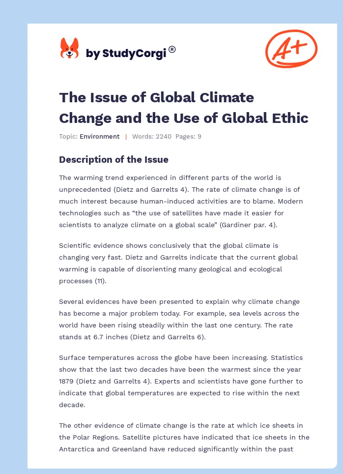 The Issue of Global Climate Change and the Use of Global Ethic. Page 1