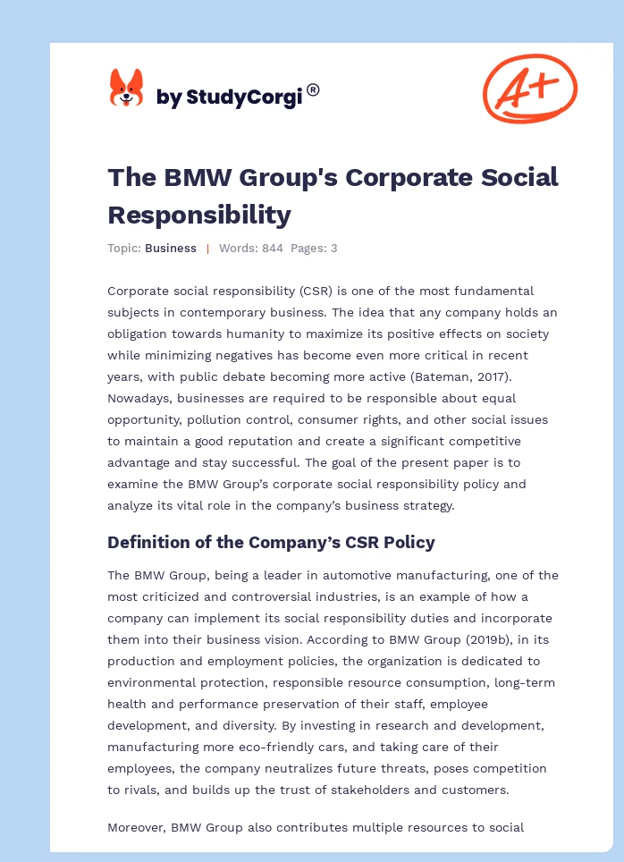 The BMW Group's Corporate Social Responsibility. Page 1