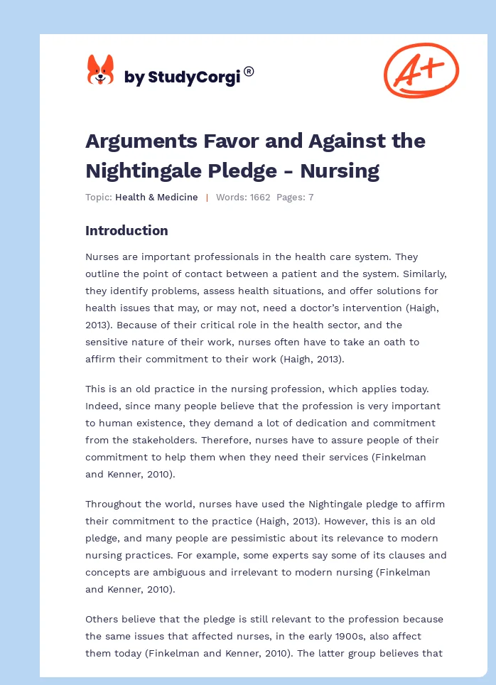 Arguments Favor and Against the Nightingale Pledge - Nursing. Page 1