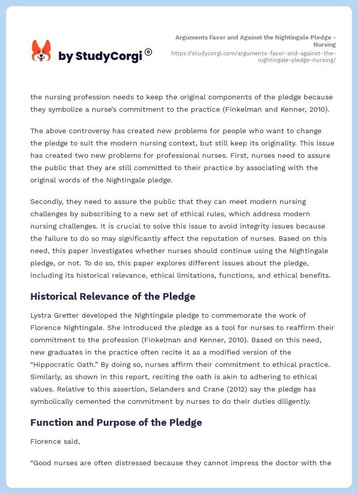 Arguments Favor and Against the Nightingale Pledge - Nursing. Page 2