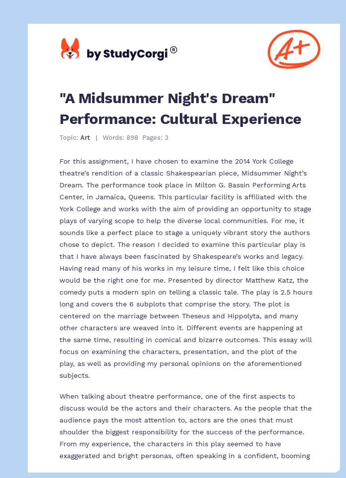 "A Midsummer Night's Dream" Performance: Cultural Experience. Page 1