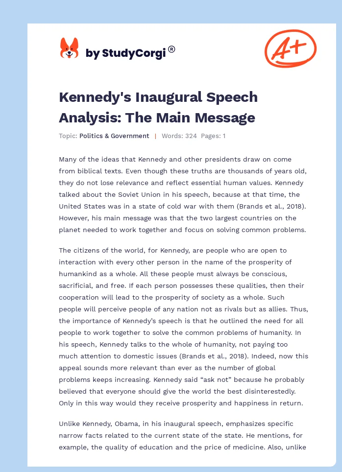 Kennedy's Inaugural Speech Analysis: The Main Message. Page 1