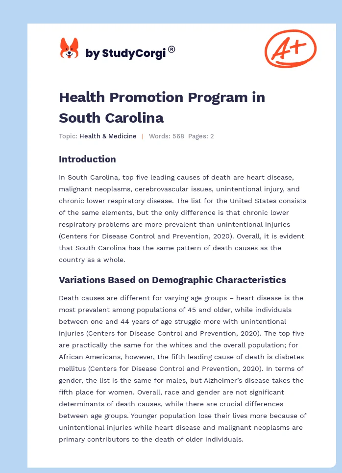 Health Promotion Program in South Carolina. Page 1