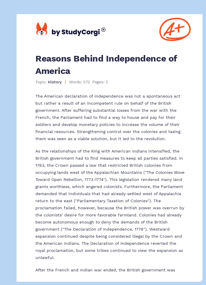 Reasons Behind Independence of America. Page 1