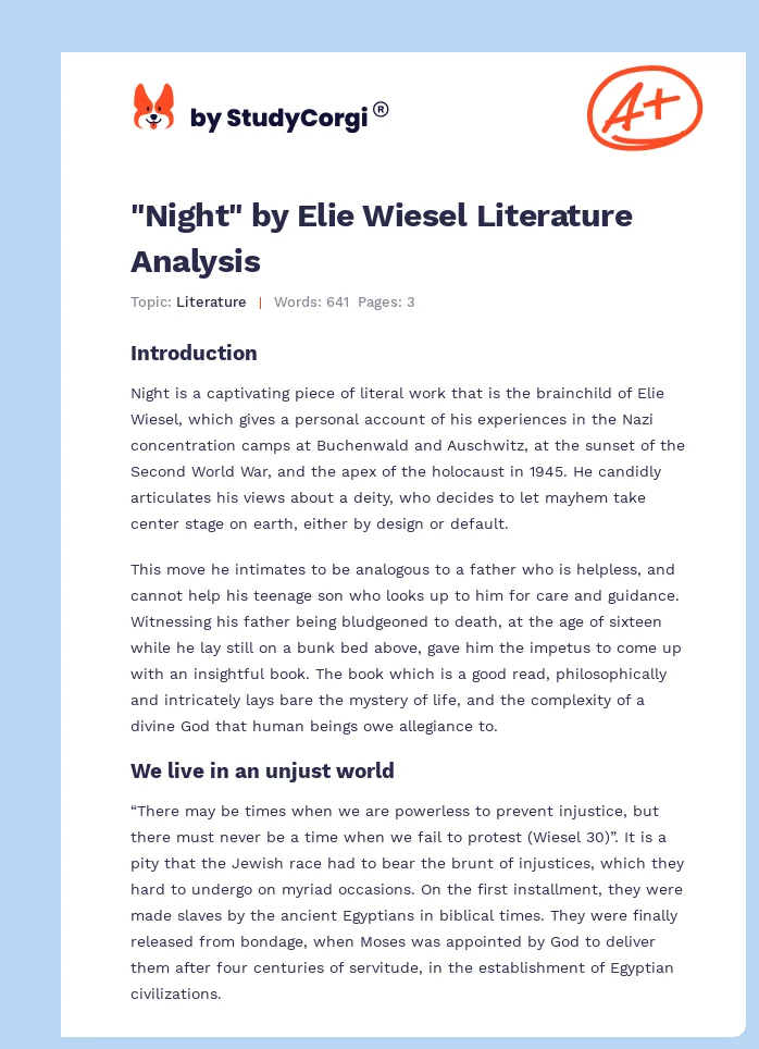 "Night" by Elie Wiesel Literature Analysis. Page 1