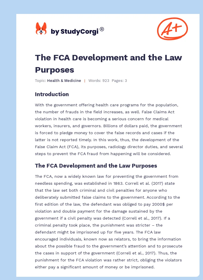 The FCA Development and the Law Purposes. Page 1