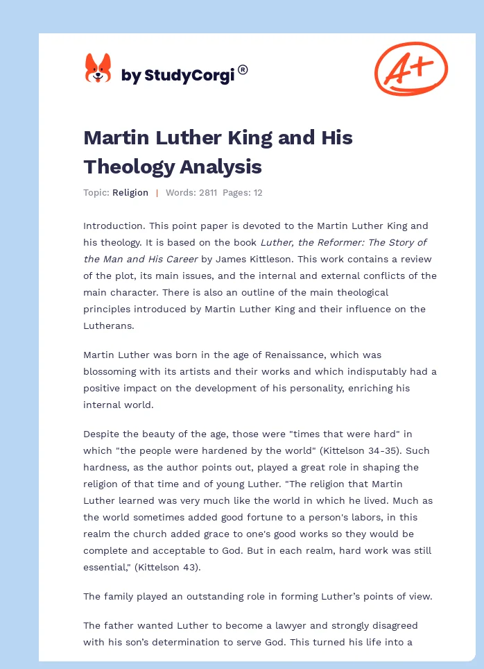 Martin Luther King and His Theology Analysis. Page 1