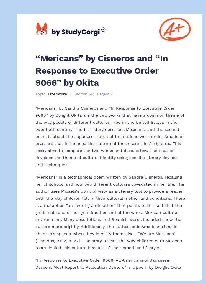 “Mericans” by Cisneros and “In Response to Executive Order 9066” by Okita. Page 1