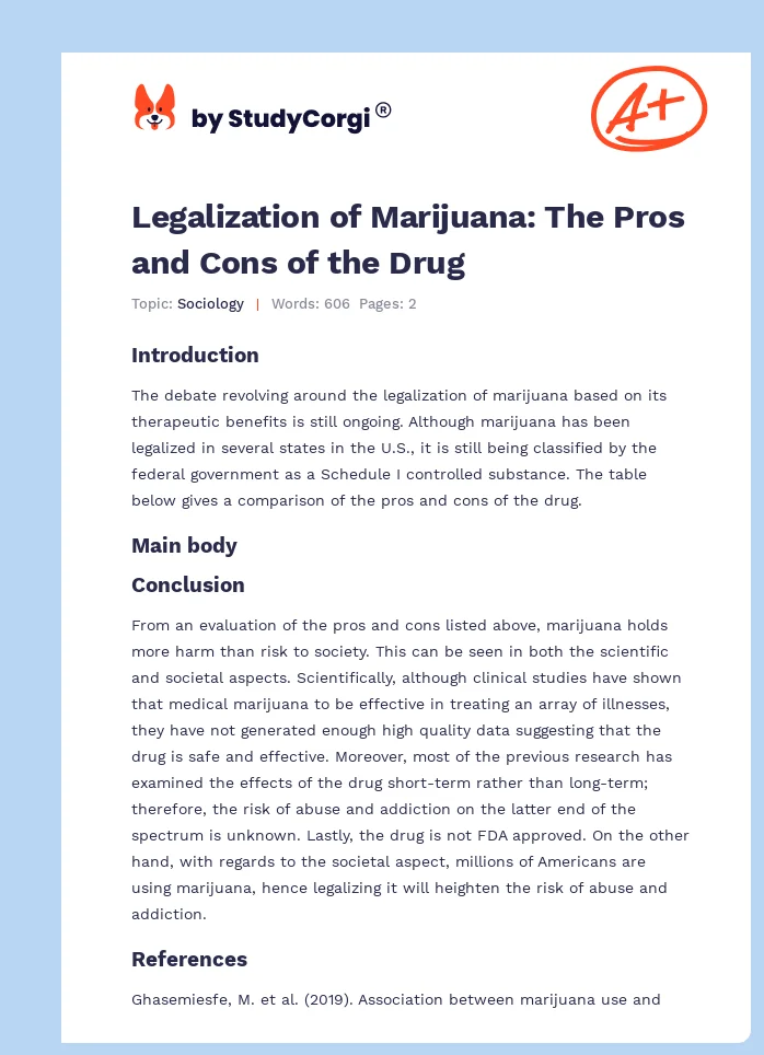 Legalization of Marijuana: The Pros and Cons of the Drug. Page 1