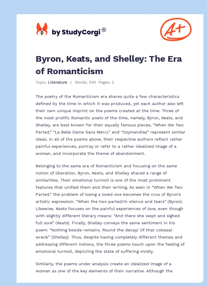 Byron, Keats, and Shelley: The Era of Romanticism. Page 1