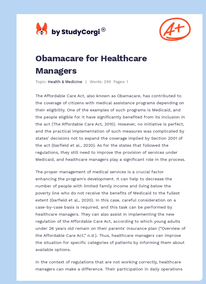 Obamacare for Healthcare Managers. Page 1