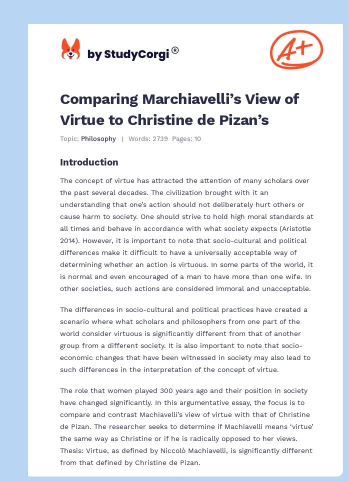 Comparing Marchiavelli’s View of Virtue to Christine de Pizan’s. Page 1
