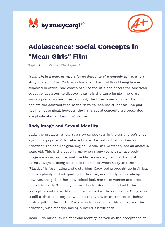 Adolescence: Social Concepts in "Mean Girls" Film. Page 1
