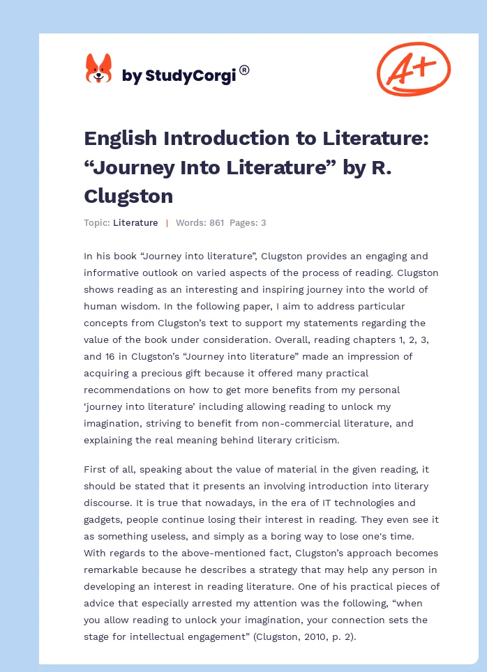 English Introduction to Literature: “Journey Into Literature” by R. Clugston. Page 1