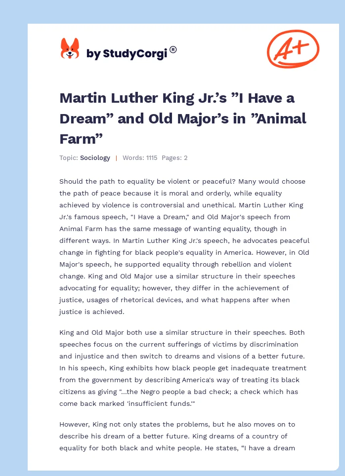 Martin Luther King Jr.’s ”I Have a Dream” and Old Major’s in ”Animal Farm”. Page 1