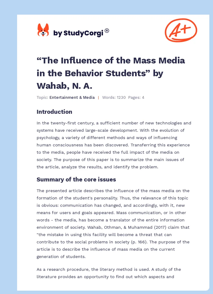 “The Influence of the Mass Media in the Behavior Students” by Wahab, N. A.. Page 1