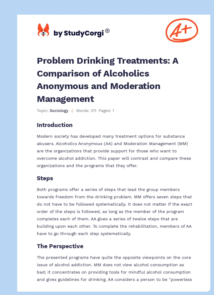 Problem Drinking Treatments: A Comparison of Alcoholics Anonymous and Moderation Management. Page 1