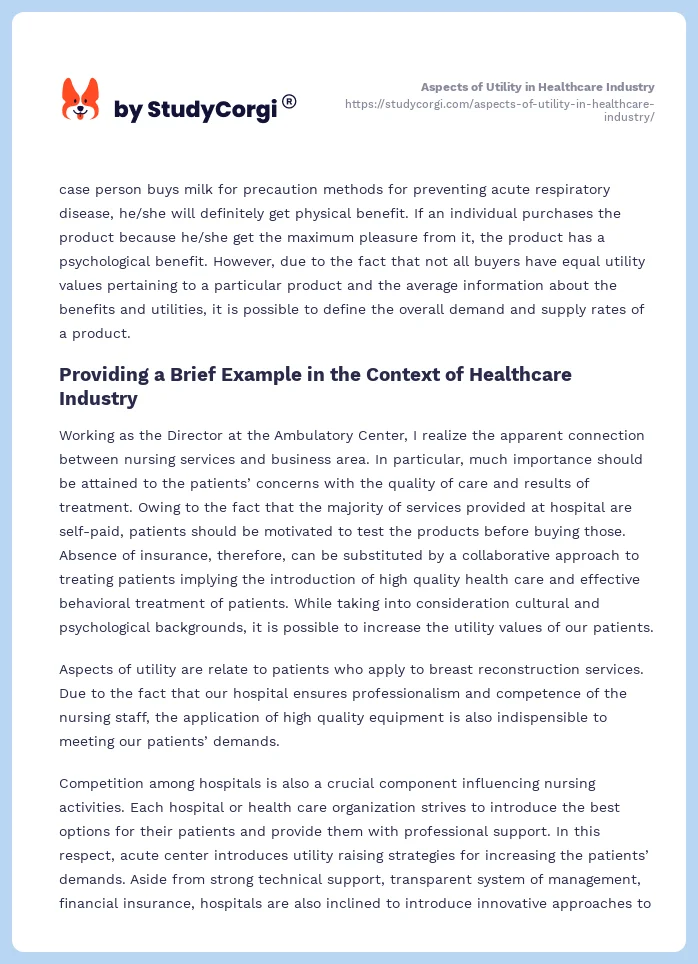 Aspects of Utility in Healthcare Industry. Page 2