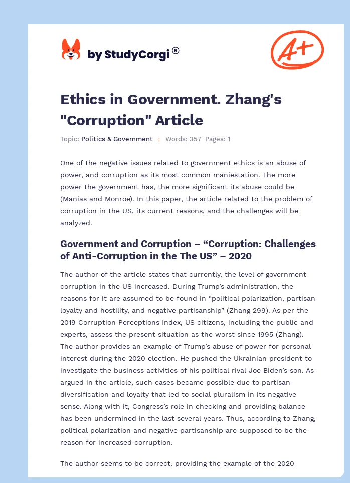 Ethics in Government. Zhang's "Corruption" Article. Page 1