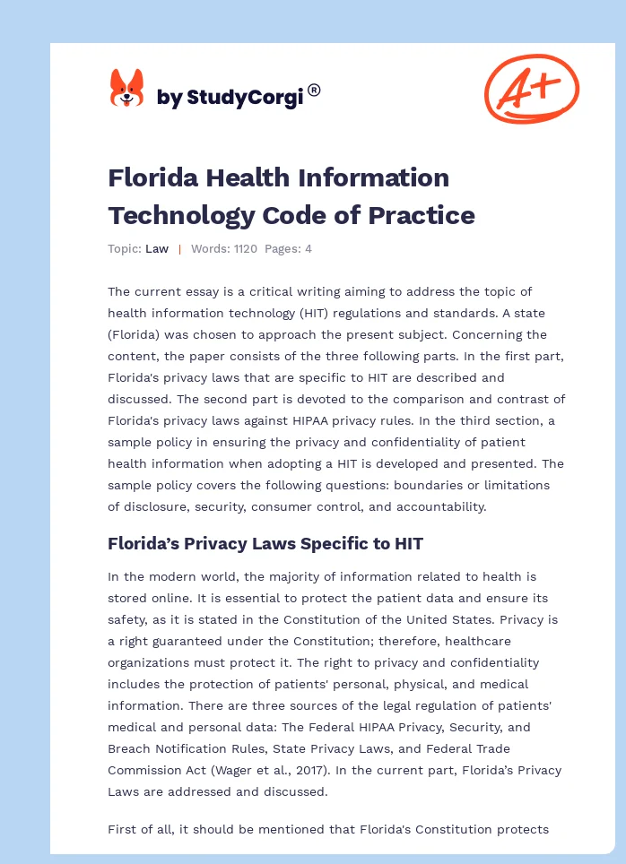 Florida Health Information Technology Code of Practice. Page 1