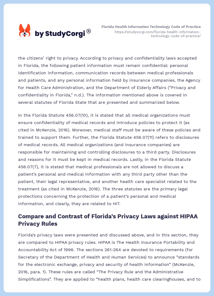 Florida Health Information Technology Code of Practice. Page 2