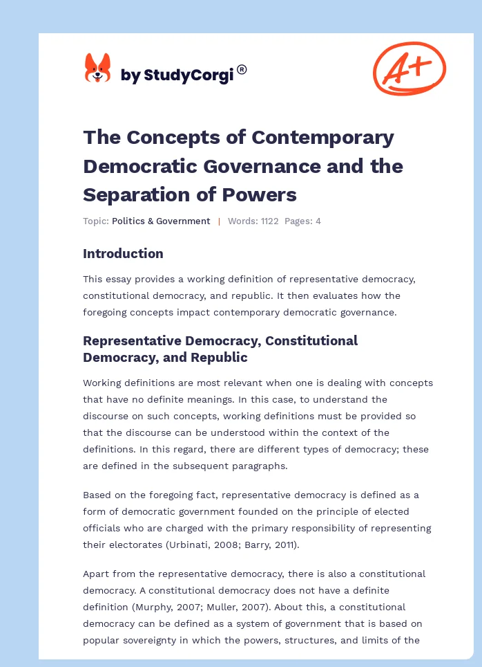 The Concepts of Contemporary Democratic Governance and the Separation of Powers. Page 1