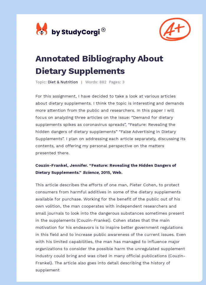 Annotated Bibliography About Dietary Supplements. Page 1