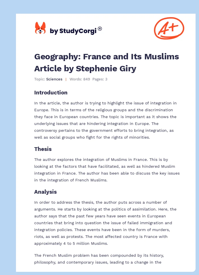Geography: France and Its Muslims Article by Stephenie Giry. Page 1