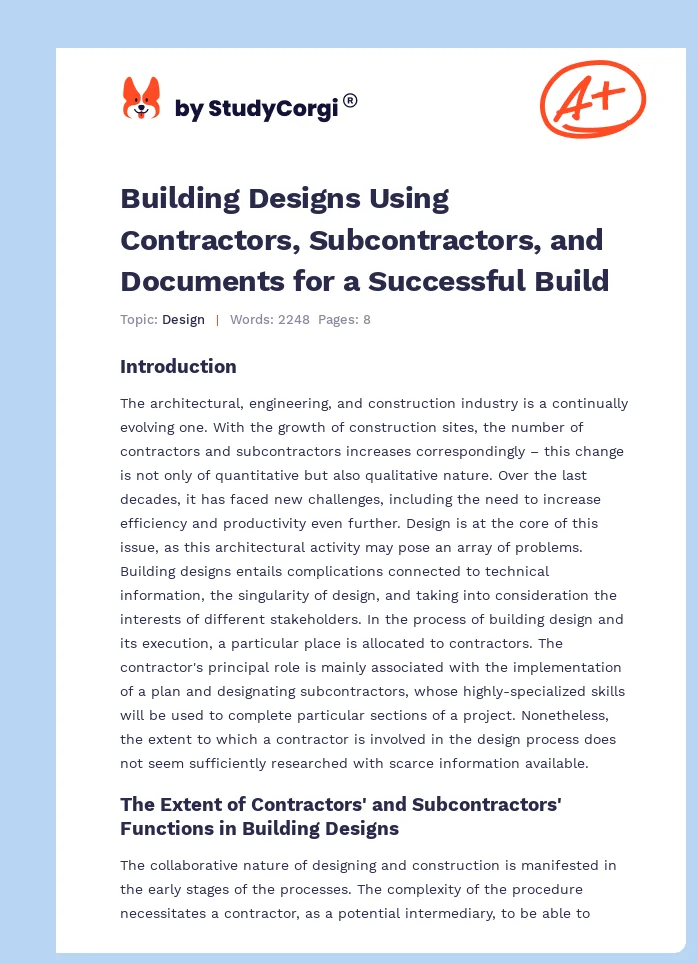 Building Designs Using Contractors, Subcontractors, and Documents for a Successful Build. Page 1