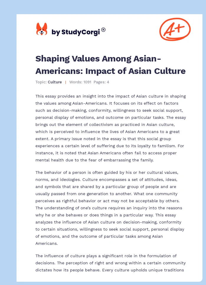 Shaping Values Among Asian-Americans: Impact of Asian Culture. Page 1