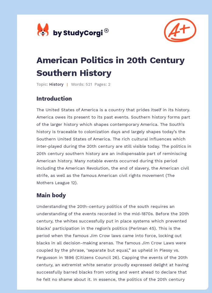American Politics in 20th Century Southern History. Page 1