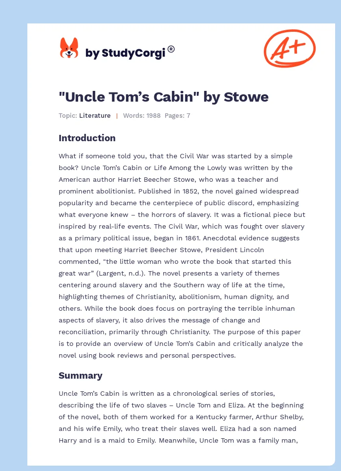 "Uncle Tom’s Cabin" by Stowe. Page 1