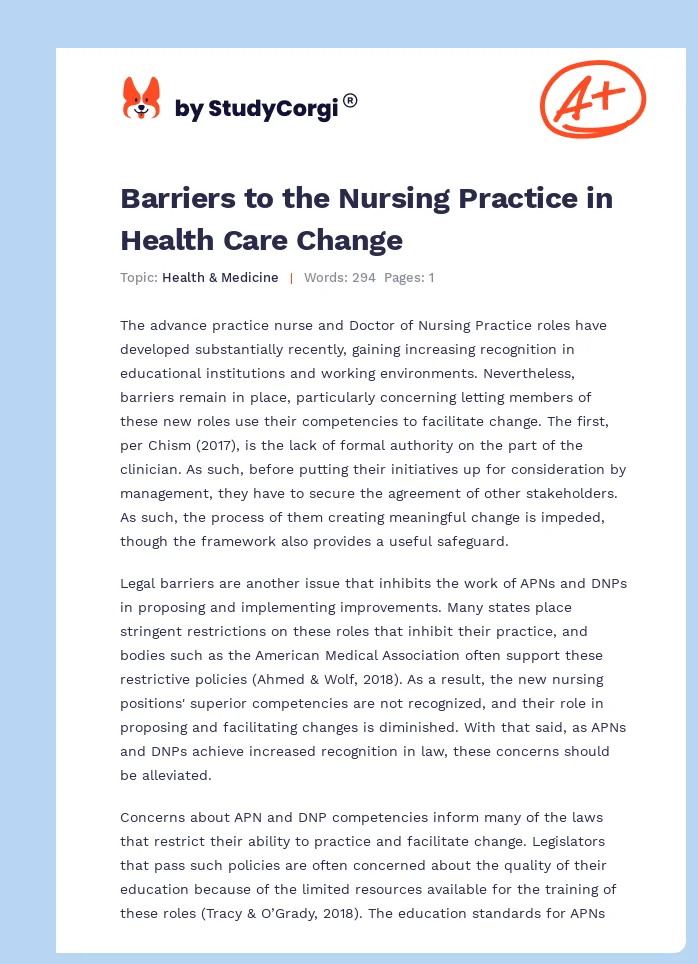 Barriers to the Nursing Practice in Health Care Change. Page 1