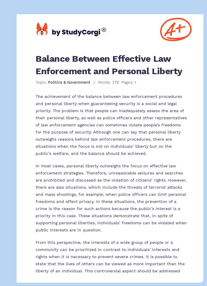Balance Between Effective Law Enforcement and Personal Liberty. Page 1
