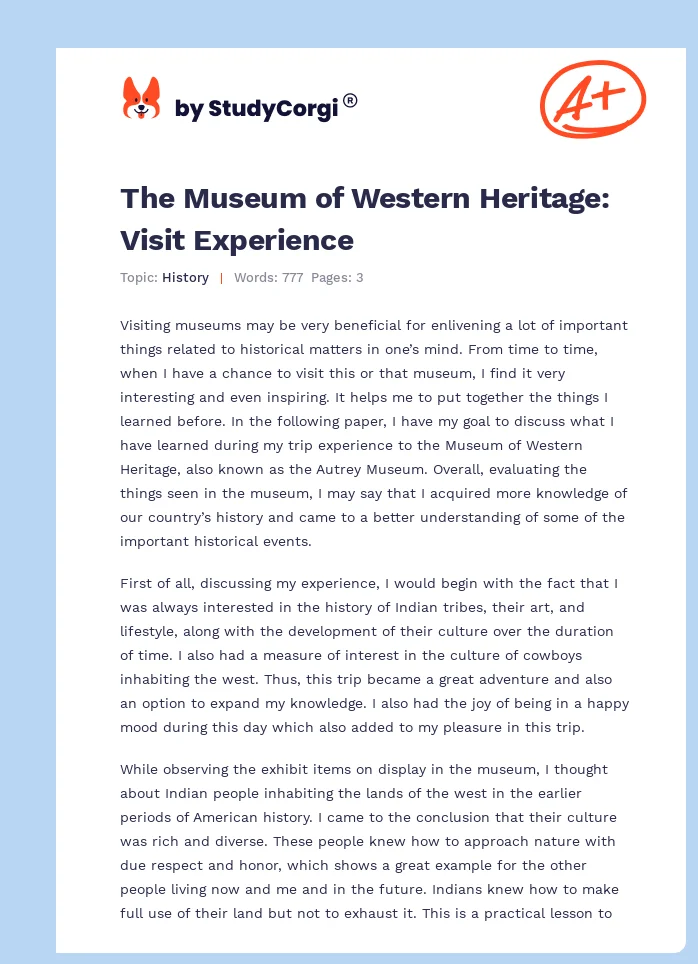 The Museum of Western Heritage: Visit Experience. Page 1