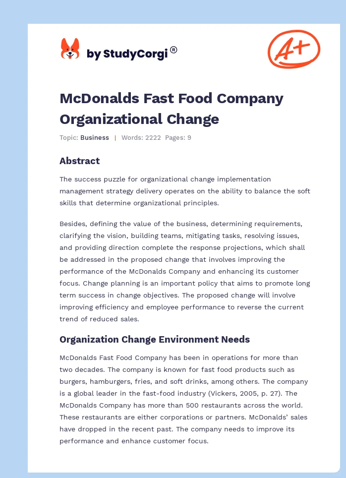 McDonalds Fast Food Company Organizational Change. Page 1