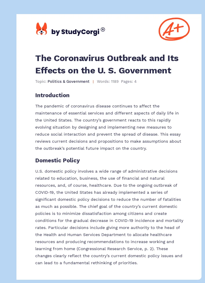 The Coronavirus Outbreak and Its Effects on the U. S. Government. Page 1