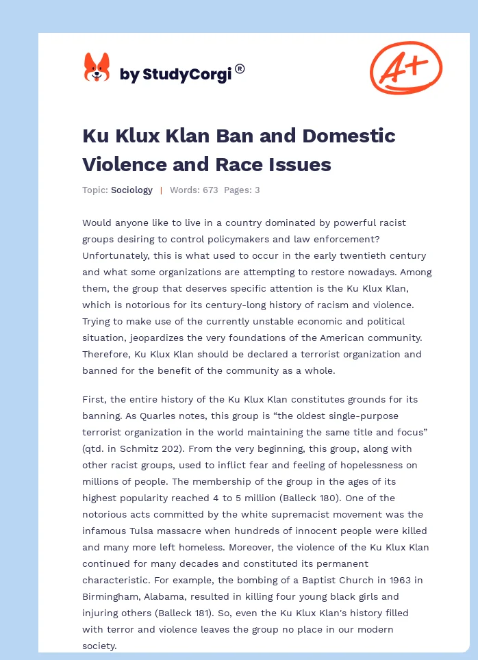 Ku Klux Klan Ban and Domestic Violence and Race Issues. Page 1