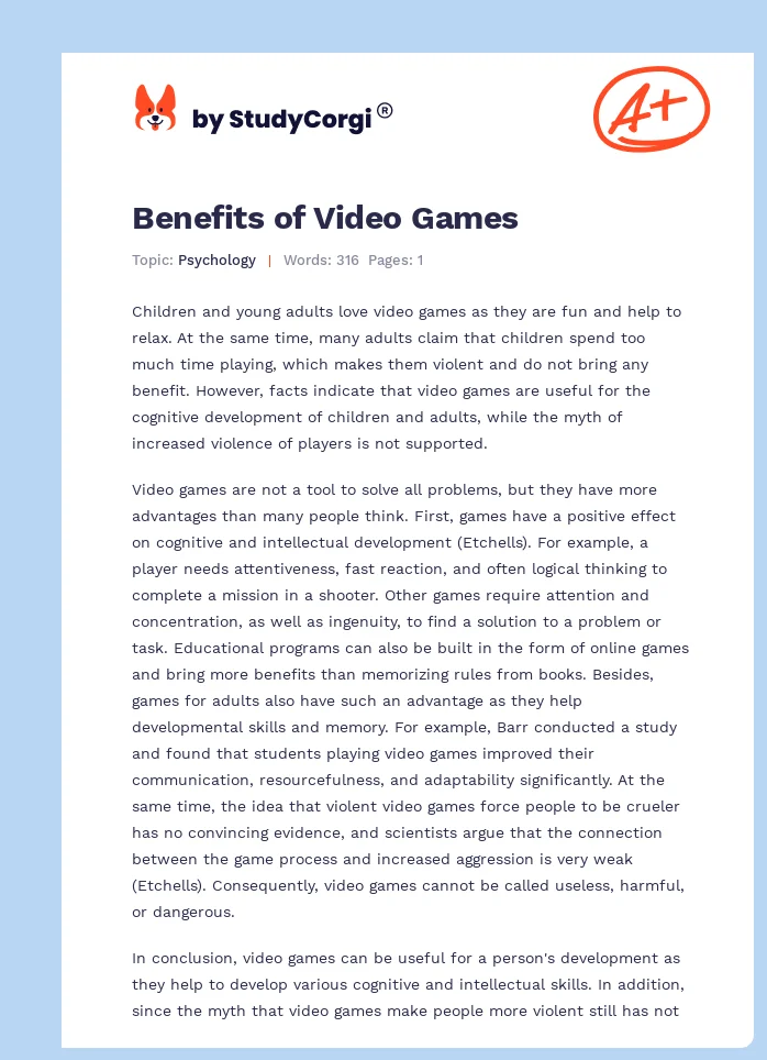 Benefits of Video Games. Page 1