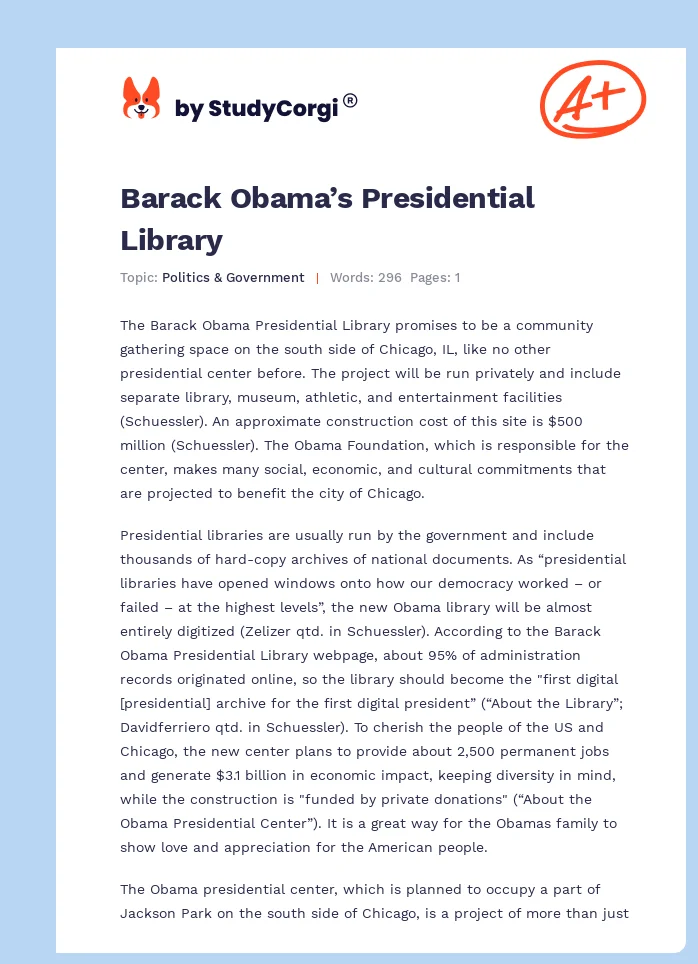 Barack Obama’s Presidential Library. Page 1