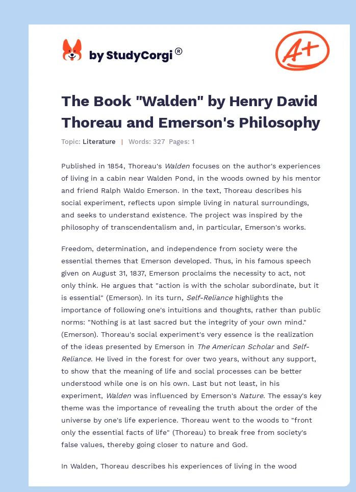 The Book "Walden" by Henry David Thoreau and Emerson's Philosophy. Page 1