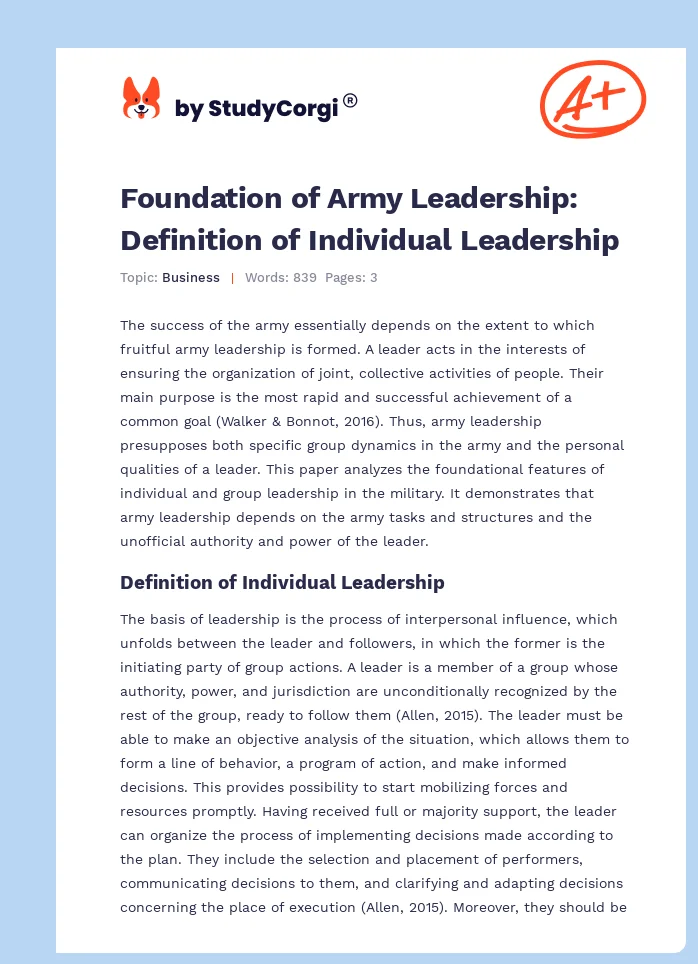 Foundation of Army Leadership: Definition of Individual Leadership. Page 1
