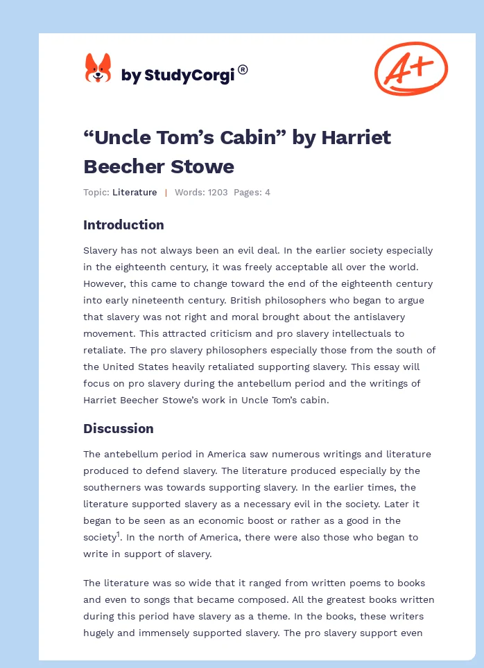 “Uncle Tom’s Cabin” by Harriet Beecher Stowe. Page 1