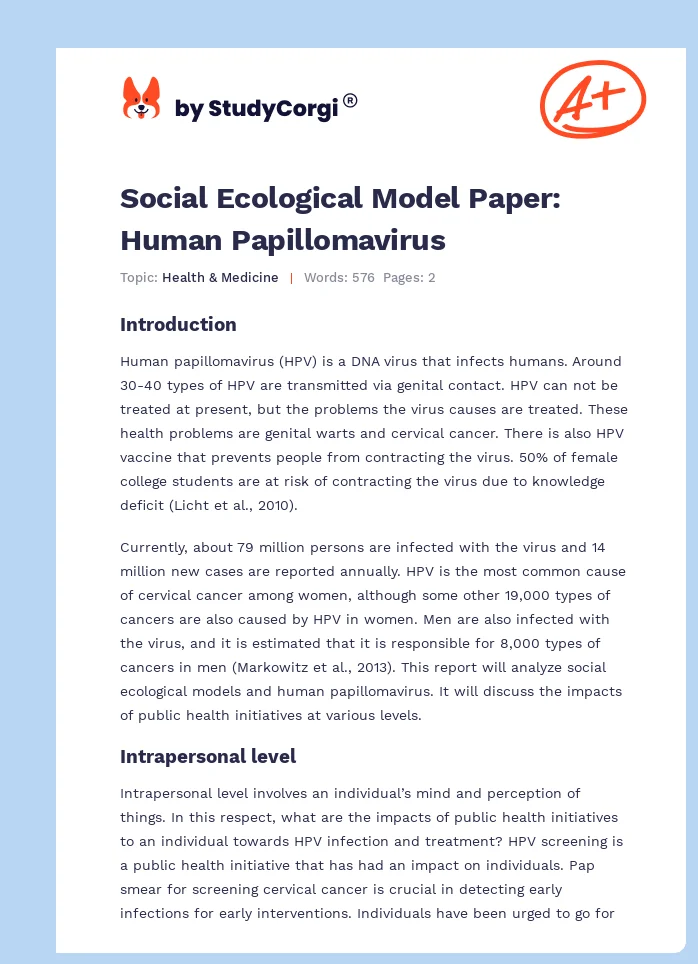 Social Ecological Model Paper: Human Papillomavirus. Page 1