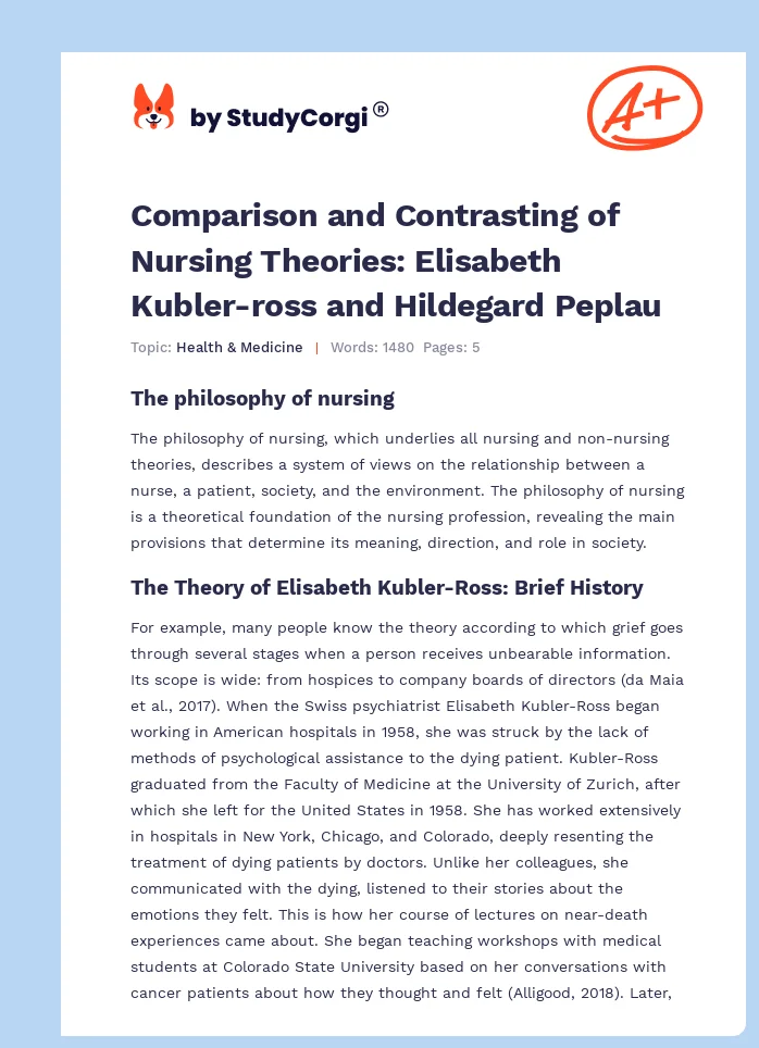 Comparison and Contrasting of Nursing Theories: Elisabeth Kubler-ross and Hildegard Peplau. Page 1