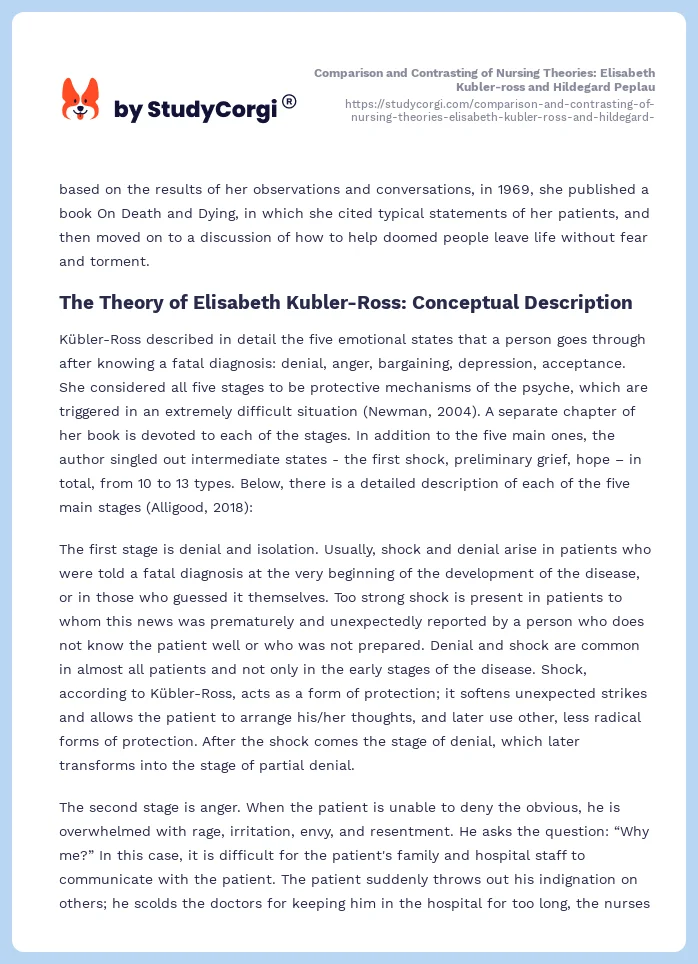 Comparison and Contrasting of Nursing Theories: Elisabeth Kubler-ross and Hildegard Peplau. Page 2