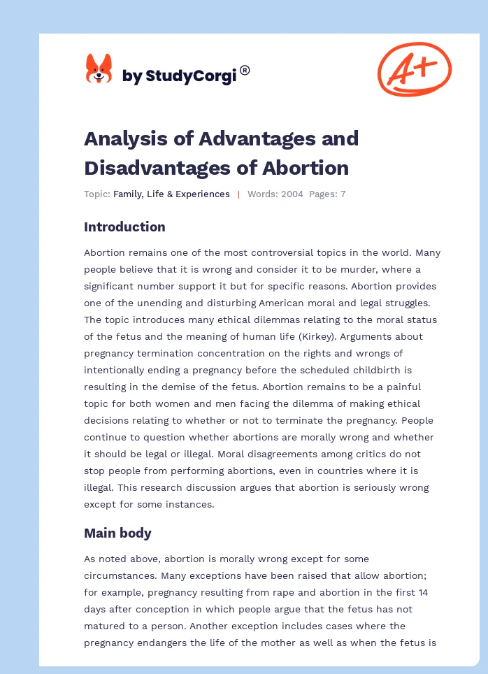 Analysis of Advantages and Disadvantages of Abortion. Page 1