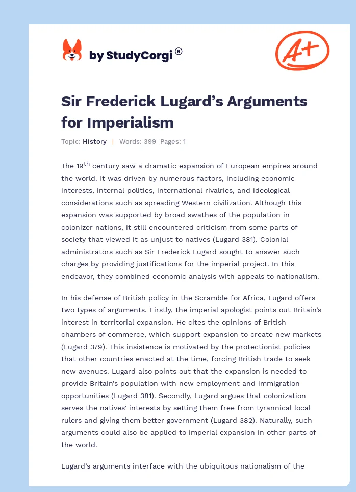 Sir Frederick Lugard’s Arguments for Imperialism. Page 1