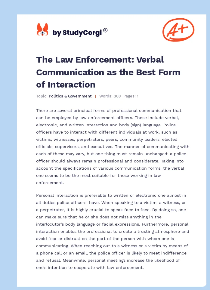 The Law Enforcement: Verbal Communication as the Best Form of Interaction. Page 1